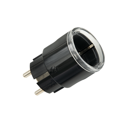 The Shelly Plug S Gen3 List is a black and transparent electrical plug adapter with two round metal prongs, displayed on a plain white background.