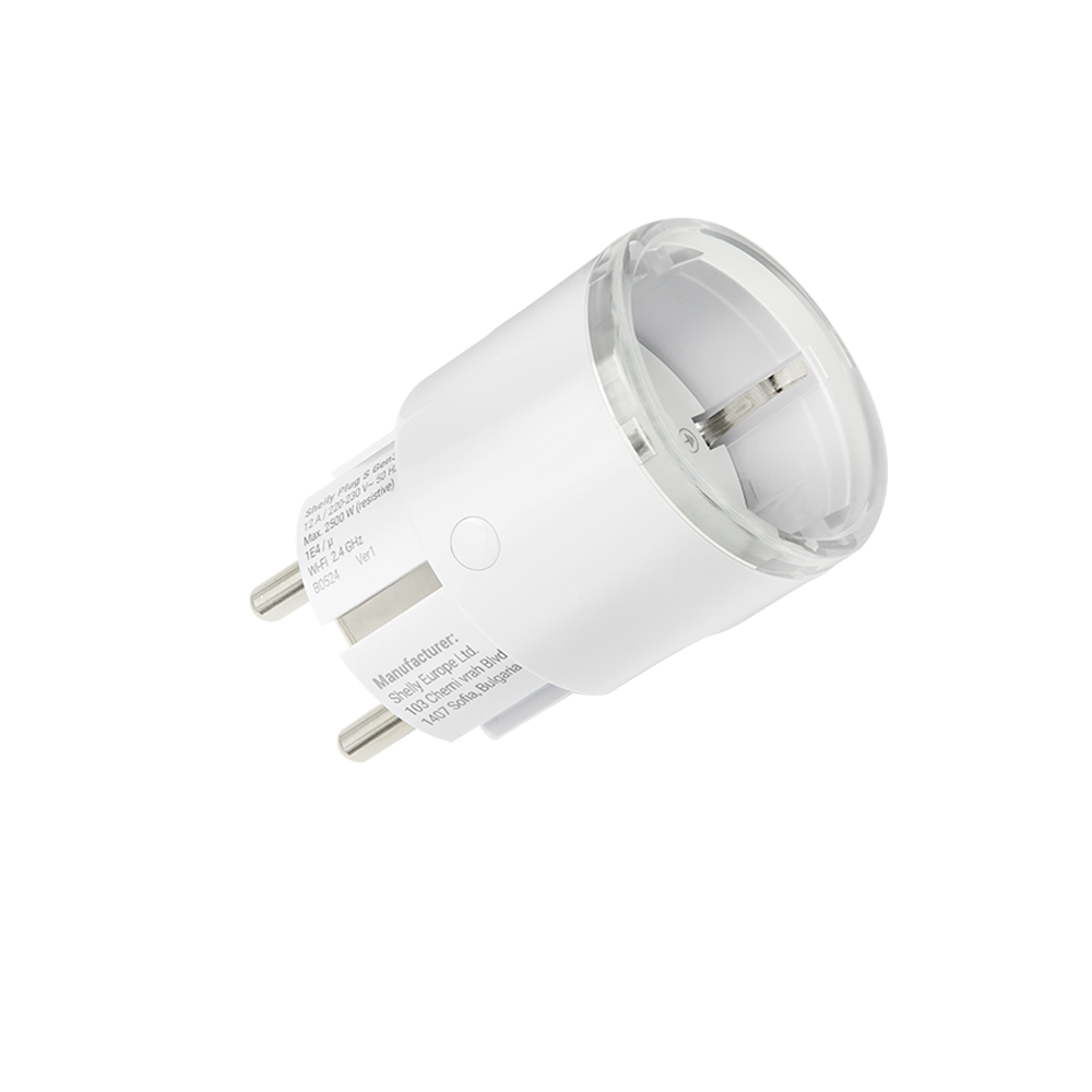 The Shelly Plug S MTR Gen3 White is a Matter-compatible smart plug with a sleek cylindrical design, two metal prongs, and a translucent rim—ideal for seamless integration into your smart home.