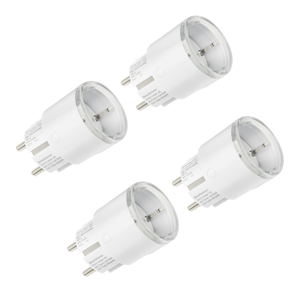 Four Shelly Plug S Gen MTR White smart plugs, featuring white bodies with clear ridged edges and European two-pin prongs, are arranged diagonally on a plain white background.