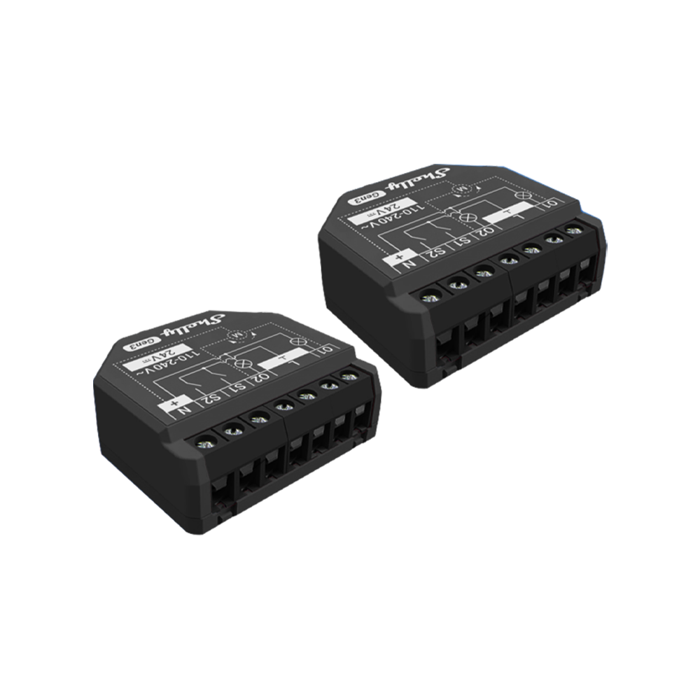 Two Shelly 2PM Gen3 modules, black and rectangular with multiple screw terminals and printed labels on top, are placed side by side on a plain white background.