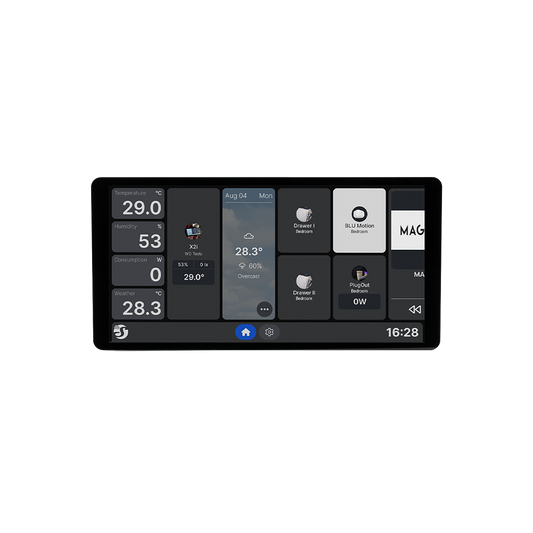 The Shelly Wall Display X2i Black shows temperature, humidity, energy use, weather, security alerts, and device statuses in separate panels on a sleek white-background screen.